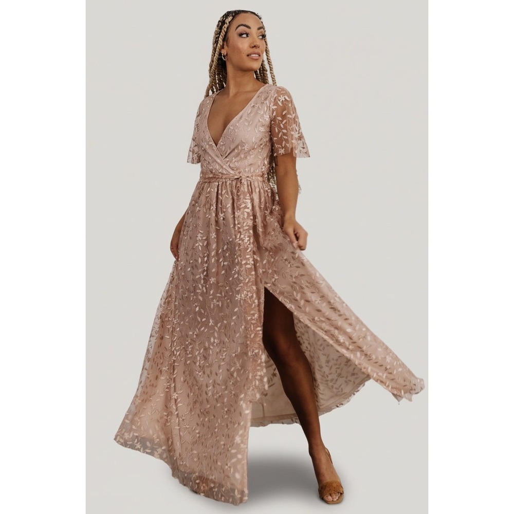 Baltic Born Marseille Embossed Maxi Dress Tan Floral Embroidered Gown- XL